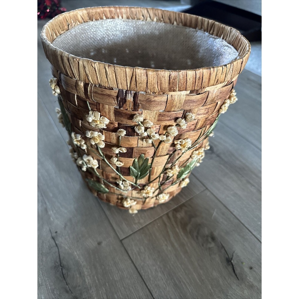 Vintage Floral Woven Rattan Basket Or Planter Kitchen Trash‎ Can Decor 10"